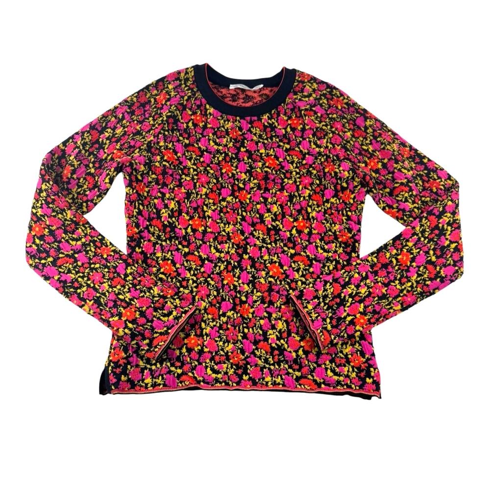Victoria Beckham Multi Floral Fitted Crew Neck Top M Long Sleeve Cotton Blend